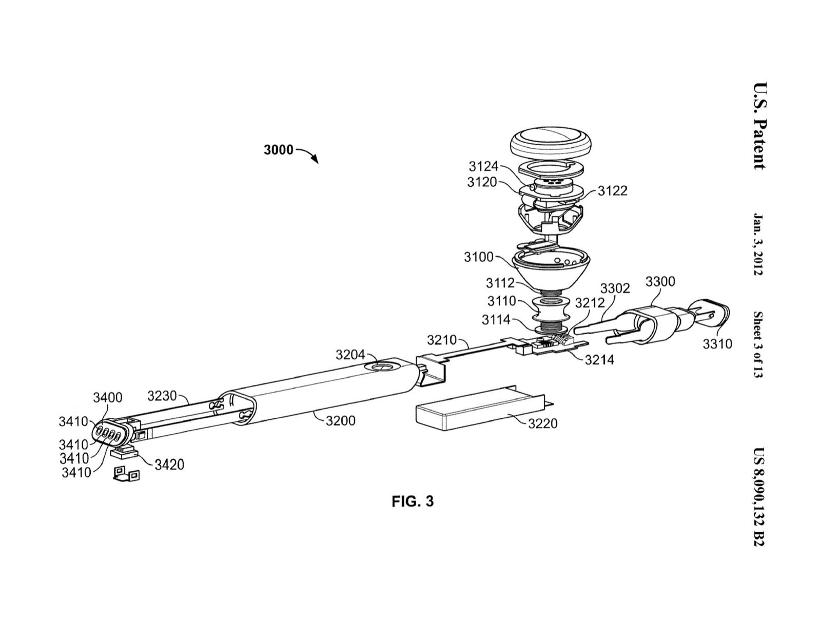 Patent drawing of a wireless communication headset, U.S. Patent 8,090,132